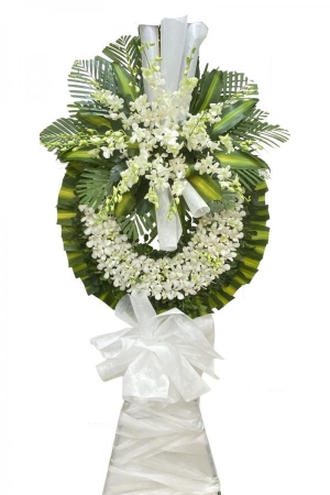Từ Biệt - Vòng hoa chia buồn đám tang màu trắng đẹp sang trọng lan trắng kết hợp nơ cao 1,7 mét