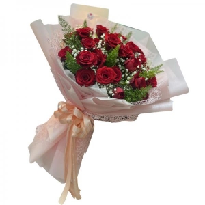 Bó hoa hồng đỏ 20 bông phối giấy hồng