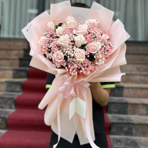 Bó hoa hồng kem 12 bông mix hoa baby tặng sinh nhật người yêu 