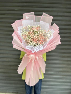 Bó hoa baby hồng gói giấy hồng nơ hồng