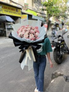 Bó hoa hồng kem mix baby hồng phối giấy 2 màu siêu đẹp tặng sinh nhật ý nghĩa
