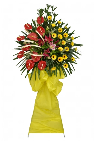 Lẵng kệ Hoa Ly Hồng Đồng Tiền tông đỏ vàng sang trọng mừng khai trương cửa hàng đẹp giao nhanh quận tân bình