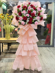 Kệ hoa chúc mừng khai trương hồng đỏ mix hồng lạc thần và baby