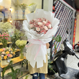 Hoa chúc mừng sinh nhật hồng kem mix baby hồng