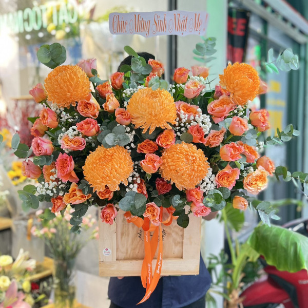 Hộp hoa chúc mừng cúc mẫu đơn cam mix hồng cam 1