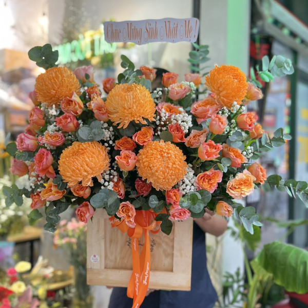 Hộp hoa chúc mừng cúc mẫu đơn cam mix hồng cam 2