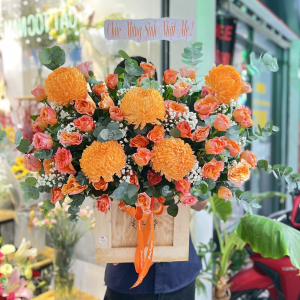 Hộp hoa chúc mừng cúc mẫu đơn cam mix hồng cam