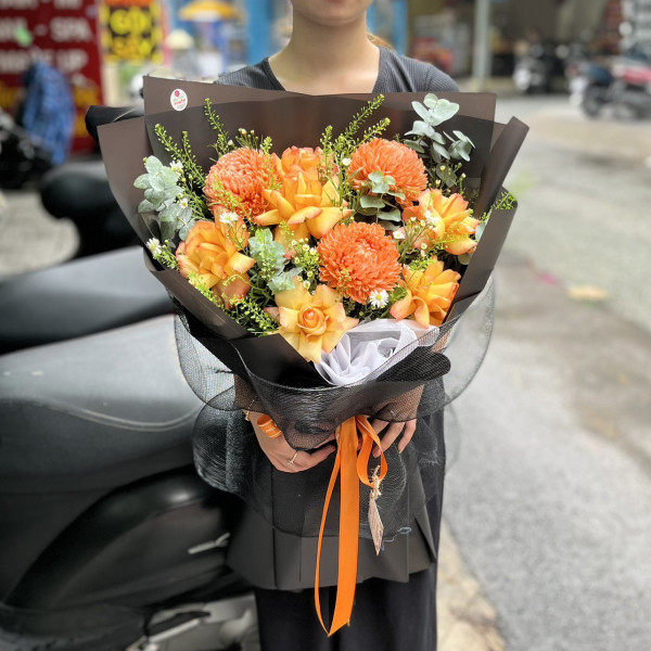 Bó hoa chúc mừng sinh nhật người lớn tuổi cúc mẫu đơn mix hồng cam 1