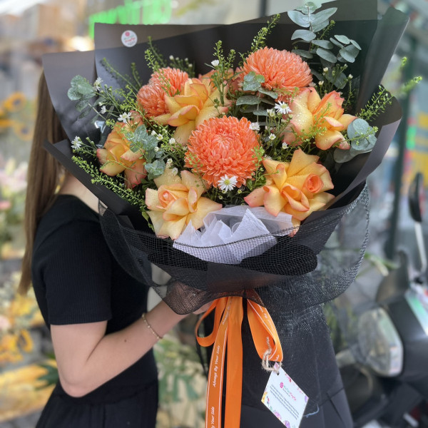 Bó hoa chúc mừng sinh nhật người lớn tuổi cúc mẫu đơn mix hồng cam 2