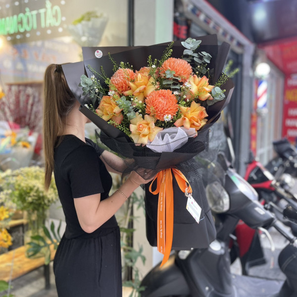 Bó hoa chúc mừng sinh nhật người lớn tuổi cúc mẫu đơn mix hồng cam 3