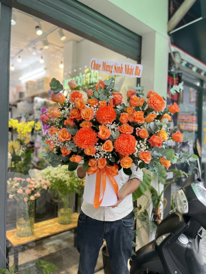 Hộp hoa tặng chúc mừng cúc mẫu đơn cam mix hồng cam