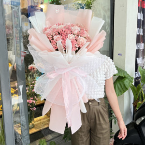 Bó hoa chúc mừng sinh nhật hồng kem 10 bông mix baby