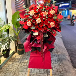 Kệ hoa chúc mừng khai trương : hồng song hỷ mix đồng tiền đỏ