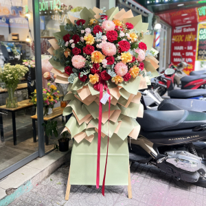 Kệ hoa chúc mừng khai trương cúc mẫu đơn mix hồng ohara và hồng cam