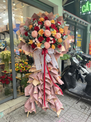 Kệ hoa chúc mừng khai trương : cúc mẫu đơn mix ohara và hồng cam