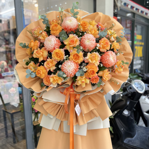 Lẵng hoa chúc mừng khai trương cúc mẫu đơn mix hồng cam 2