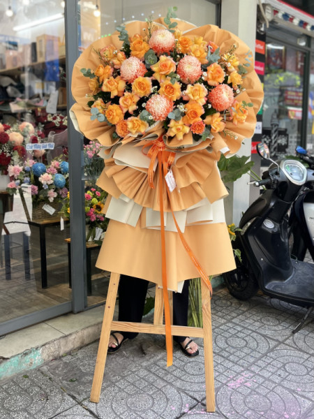 Lẵng hoa chúc mừng khai trương cúc mẫu đơn mix hồng cam 3