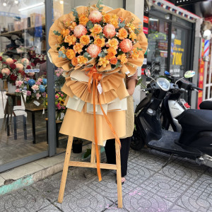 Lẵng hoa chúc mừng khai trương cúc mẫu đơn mix hồng cam