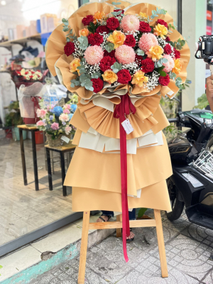 Kệ hoa chúc mừng cúc mẫu đơn mix hồng ohara và hồng cam