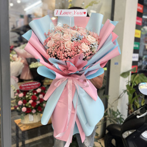 Bó hoa hồng kem 15 bông mix baby nhiều màu sắc tặng sinh nhật ý nghĩa