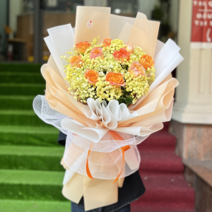 Bó hoa chúc mừng sinh nhật : hồng cam spirit mix baby vàng