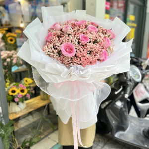 Bó hoa hồng lạc thần mix baby hồng tặng chúc mừng
