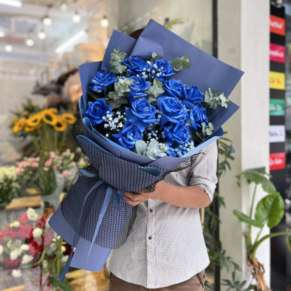 Bó hoa hồng xanh 12 bông mix baby tặng sinh nhật  1