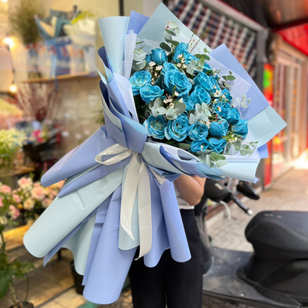 Bó hoa hồng xanh 25 bông mix thanh liễu tặng sinh nhật ý nghĩa  1
