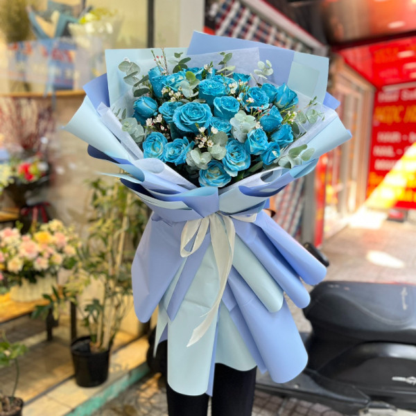 Bó hoa hồng xanh 25 bông mix thanh liễu tặng sinh nhật ý nghĩa  2