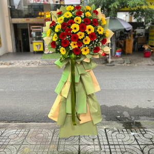 Kệ hoa chúc mừng khai trương : đồng tiền đỏ mix vàng