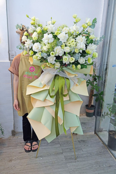 Hoa chúc mừng khai trương hồng phát tone xanh lá 1