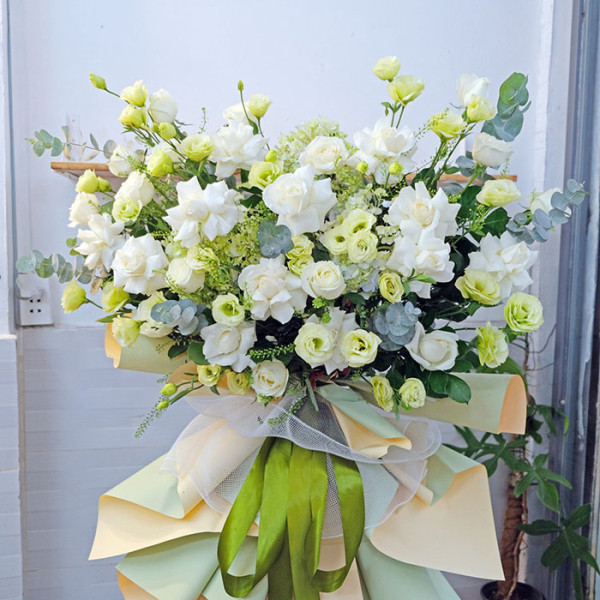 Hoa chúc mừng khai trương hồng phát tone xanh lá 2