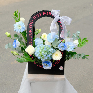 Giỏ hoa khai trương xách tay cẩm tú cầu mix hồng xanh