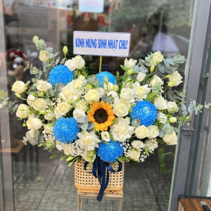 Lẵng hoa cúc mẫu đơn xanh dương