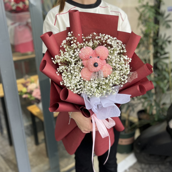 Bó hoa độc lạ gấu hồng mix baby