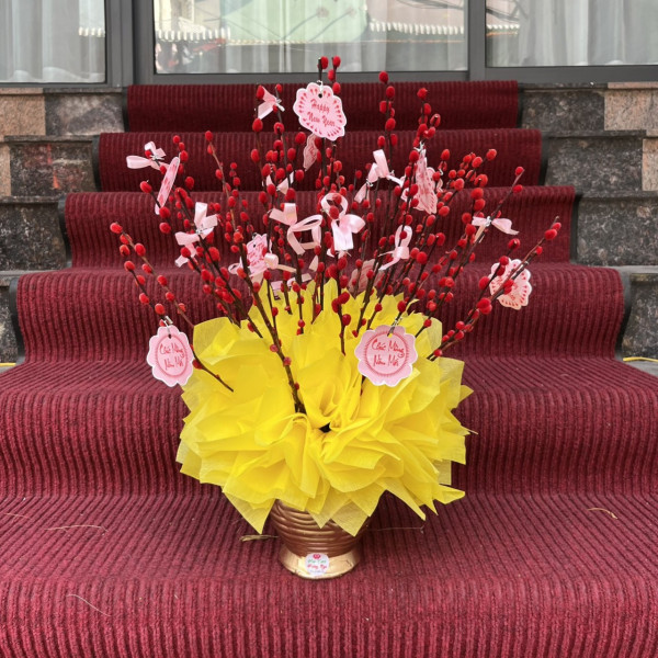 Bình hoa nụ Tầm Xuân Đỏ 30 cành nơ vàng 1