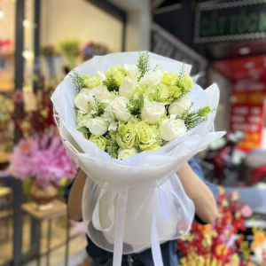 Bó hồng trắng mix cát tường xanh cỏ đồng tiền