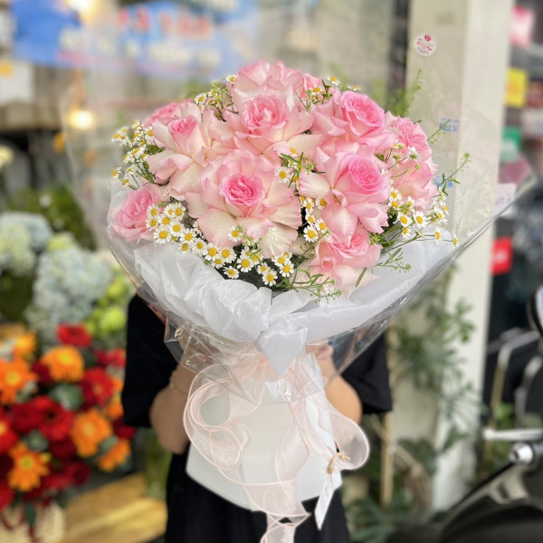 Bó hồng lạc thần 13 bông mix cúc tana