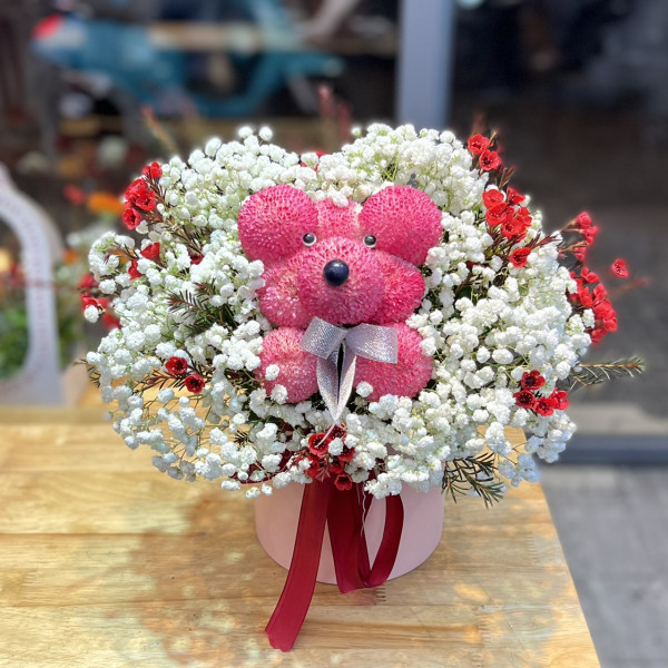 Giỏ Hoa Gấu Đỏ mix baby và thanh liễu