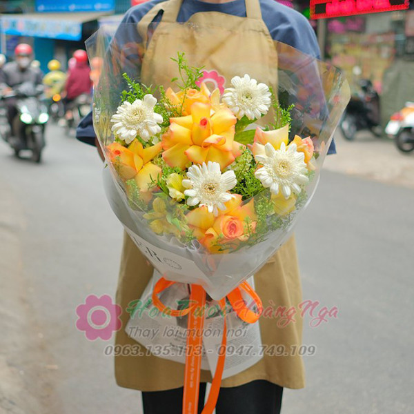 Bó hoa hồng cam mix đồng tiền 1