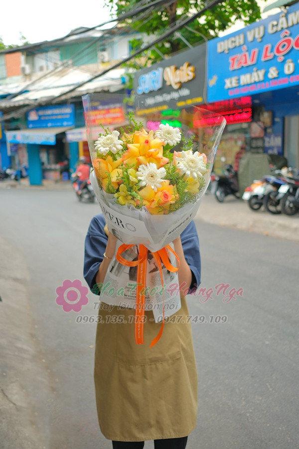 Bó hoa hồng cam mix đồng tiền 2