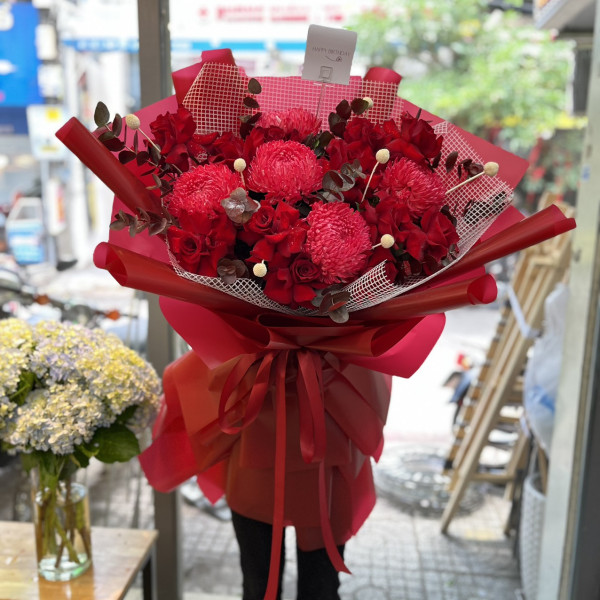 Bó hoa cúc mẫu đơn đỏ sang trọng 1