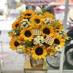 Hoa khai trương để bàn hướng dương tone vàng đẹp