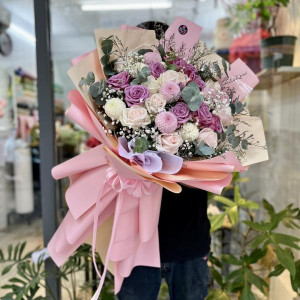 Bó hoa hồng kem paste phối cúc bing bong tím tặng người yêu đẹp nhất