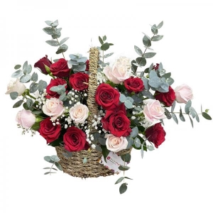 Giỏ hoa hồng đỏ phối hồng kem 31 bông