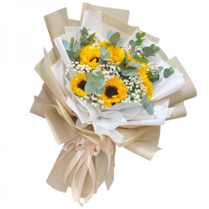 Bó hoa hướng dương 10 hoa mix baby lá bạc phối giấy cafe sữa