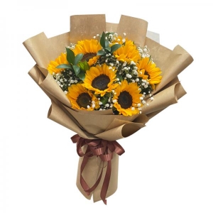 Bó hoa hướng dương mix baby phối giấy báo xi măng