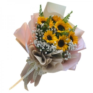 Bó hoa hướng dương mix baby trắng đuôi chồn phối giấy hồng vs cafe sữa