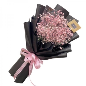 Bó hoa baby hồng phối giấy đen nơ hồng