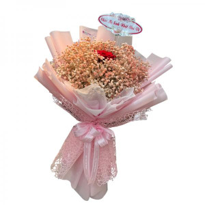 Bó hoa baby hồng phối giấy hồng nhạt , nơ hồng